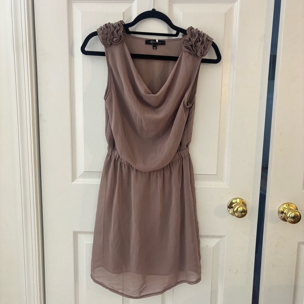 Y2K Elegant Taupe Sleeveless Mini Dress Ruffles Cowel neck Size S